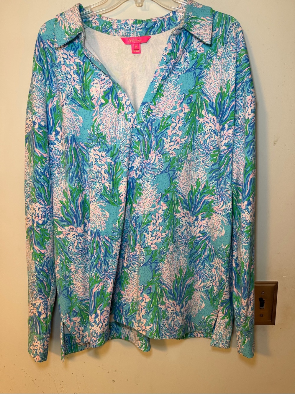 Lilly Pulitzer French Terry Popover Tunic XL Green Coral Reef Print UPF Top NWOT